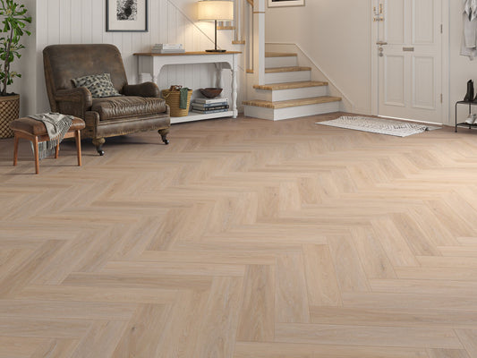 Liberty SPC 6.5mm LVT Flooring Porthcurno Oak Herringbone Rigid Core Built In Underlay