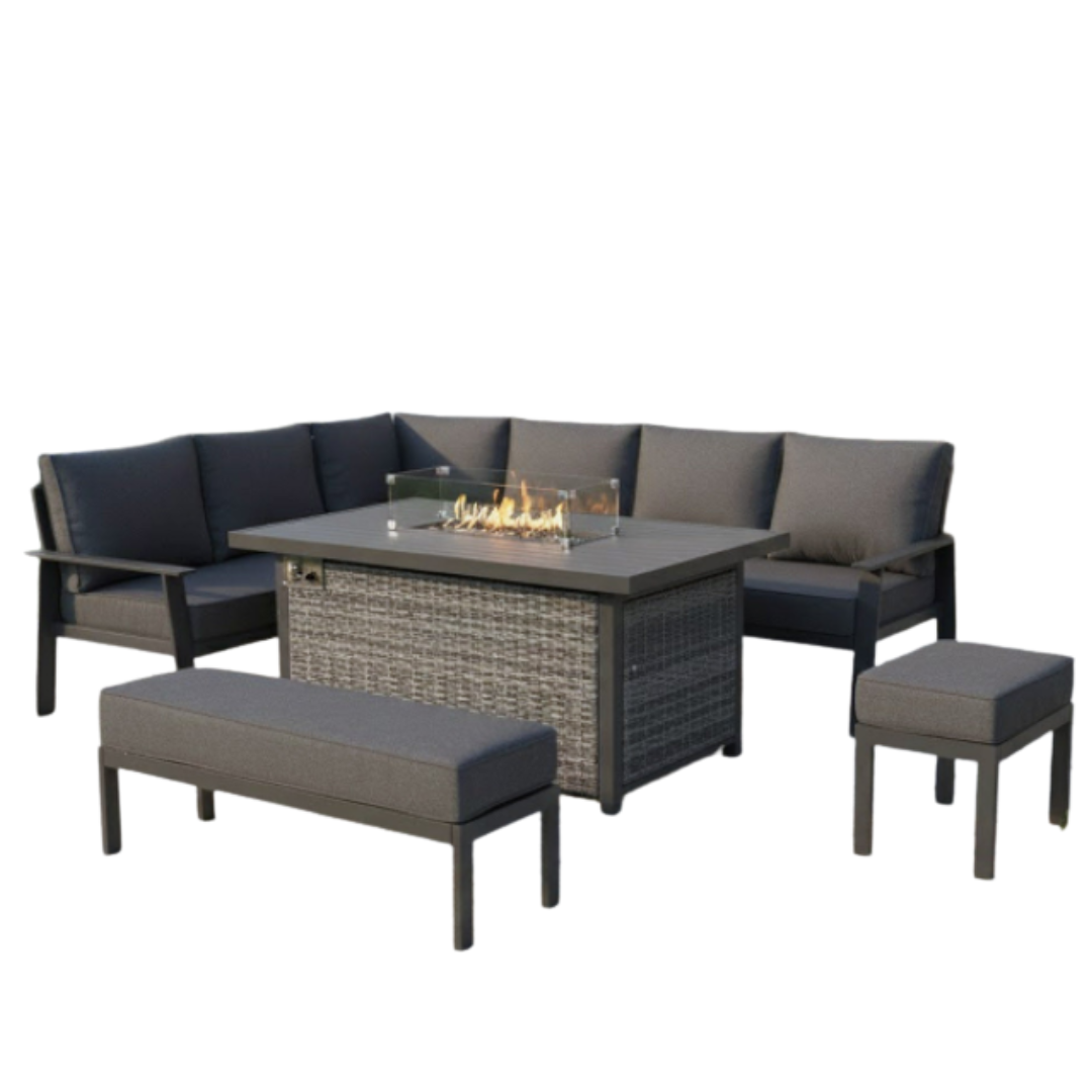 Rattan Republic Large Corner Garden Dining Set with Firepit Table Left Hand