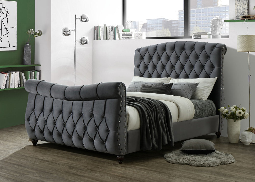 Sareer Lachelle Dark Grey Velvet Fabric Bed