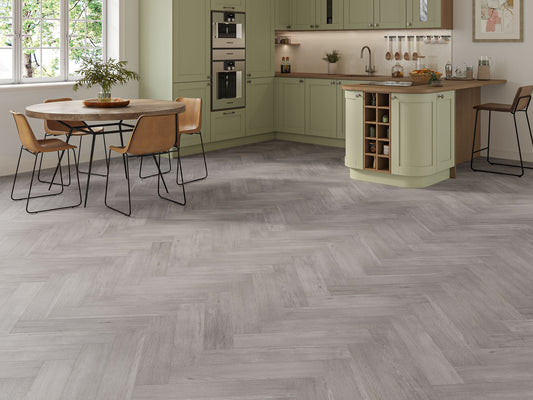 Liberty Lux Sennen Grey Oak 5mm SPC Luxury Vinyl Flooring Herringbone Built In Underlay