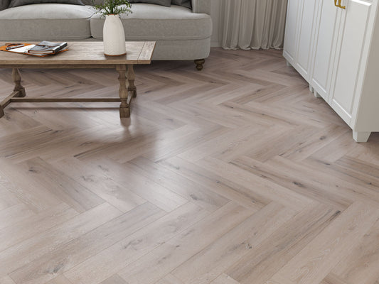 Liberty Lux Studland Whitewashed Grey Oak 5mm SPC Luxury Vinyl Flooring Herringbone Built In Underlay