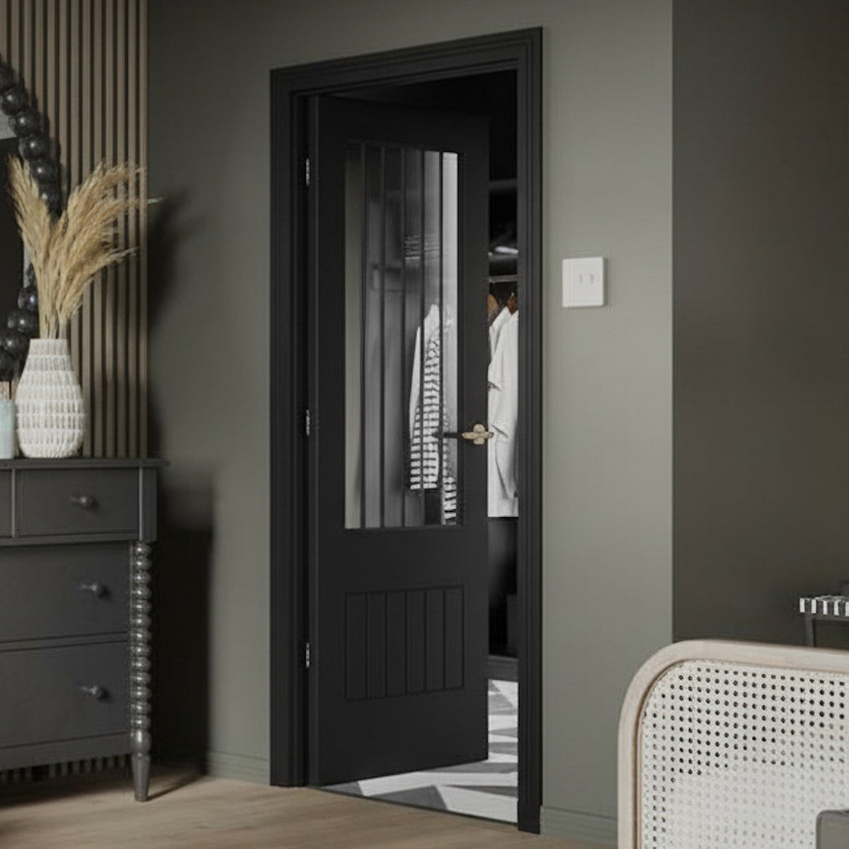 XL Joinery Internal Black Door Suffolk Glazed Door Clear Etched Glass Fully Finished