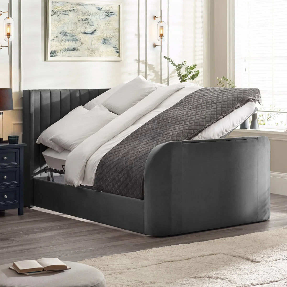 Trinity Clara Side Lift Ottoman Dark Grey Fabric TV Bed
