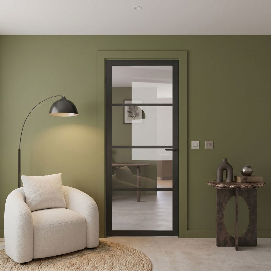 XL Joinery Internal Black Laminate Glazed 4L Industrial Style Door With Clear Glass Pre-Finished
