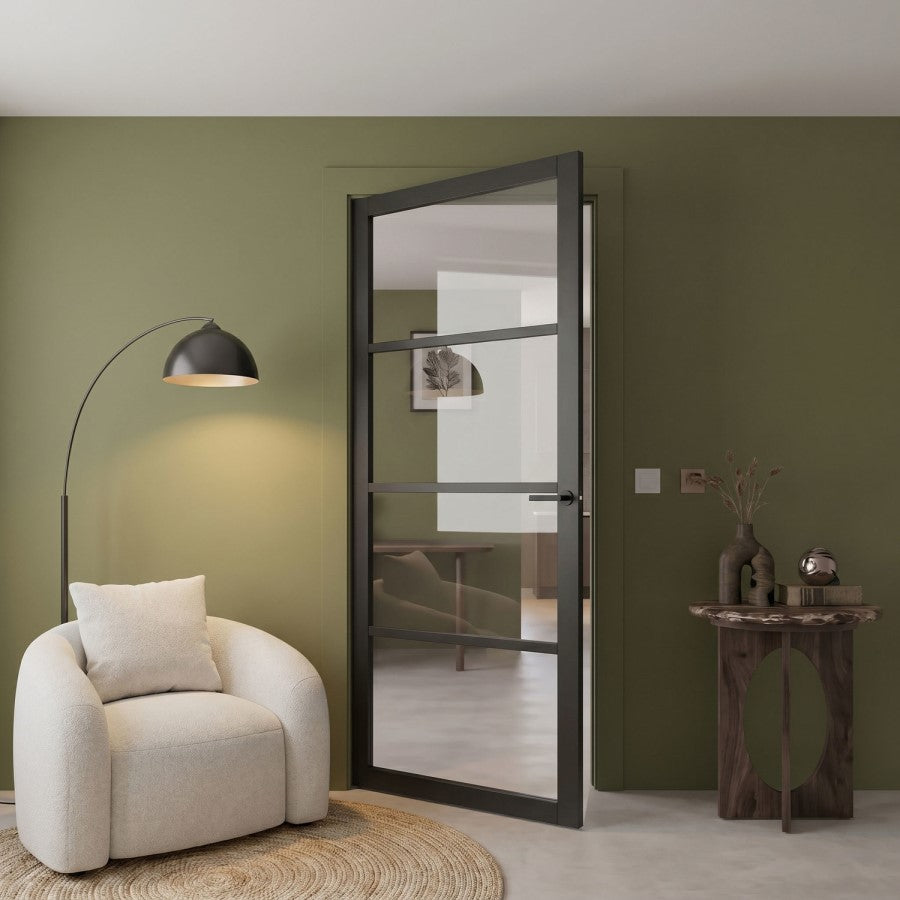 XL Joinery Internal Black Laminate Glazed 4L Industrial Style Door With Clear Glass Pre-Finished
