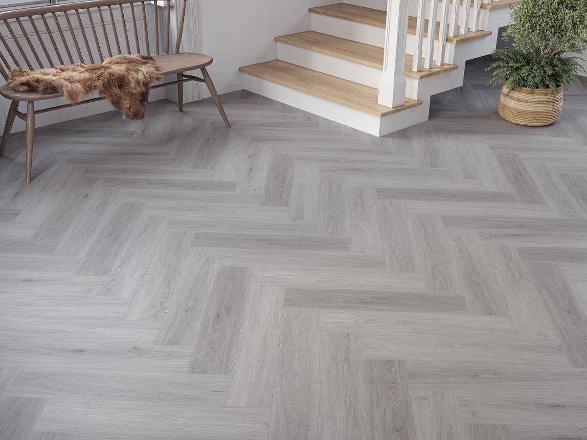 Liberty SPC 6.5mm LVT Flooring Kynance Grey Oak Herringbone Rigid Core Built In Underlay