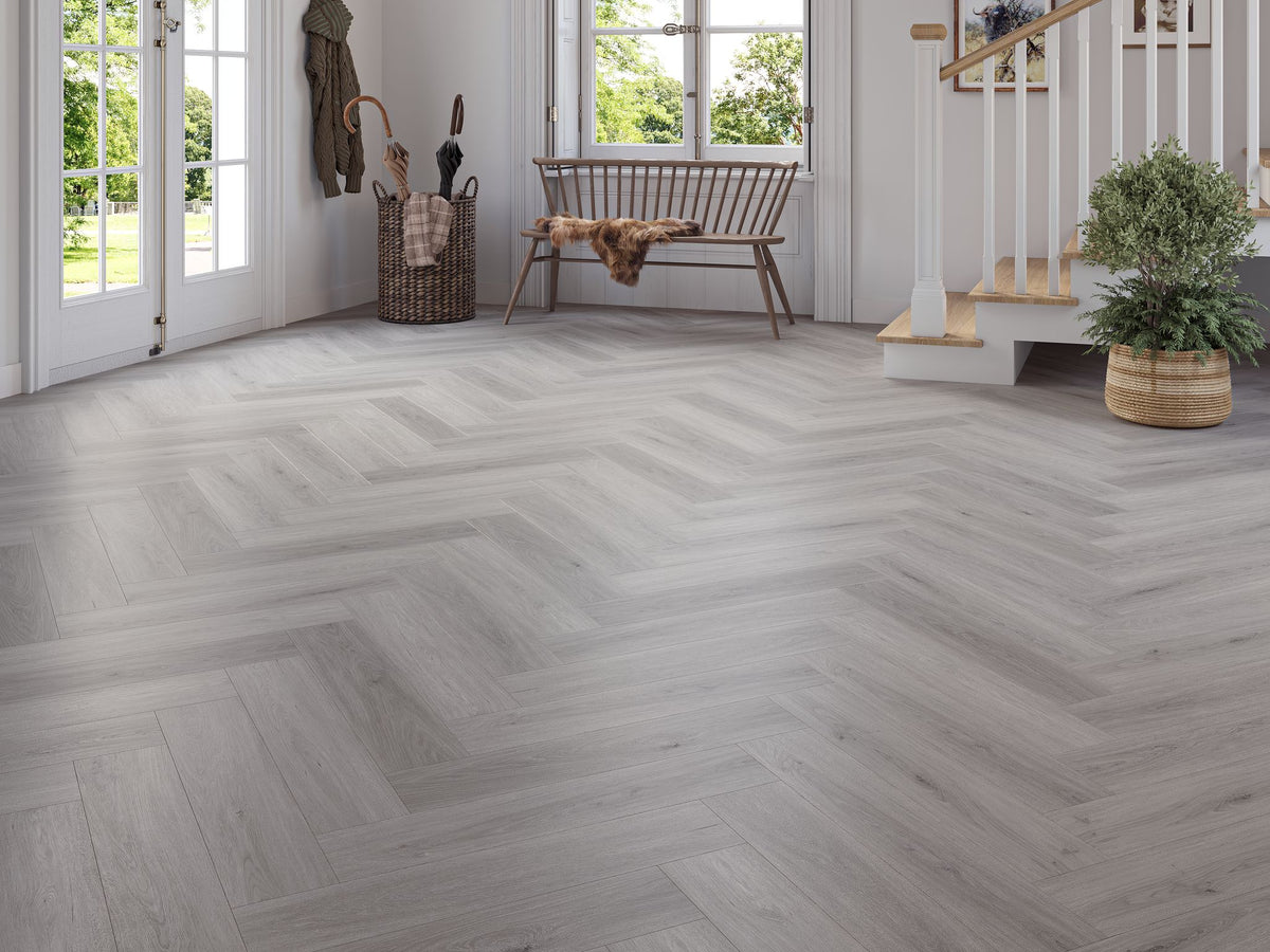 Liberty SPC 6.5mm LVT Flooring Kynance Grey Oak Herringbone Rigid Core Built In Underlay