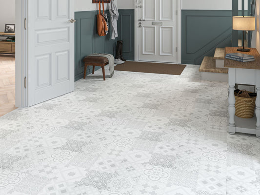 Liberty 8mm Monarch Victorian 8mm Tile Laminate Flooring Kettlebell Grey and White