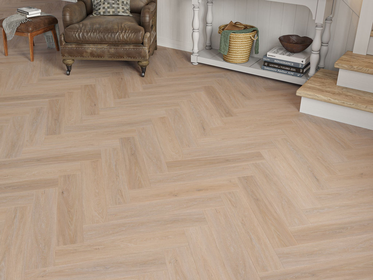 Liberty SPC 6.5mm LVT Flooring Porthcurno Oak Herringbone Rigid Core Built In Underlay