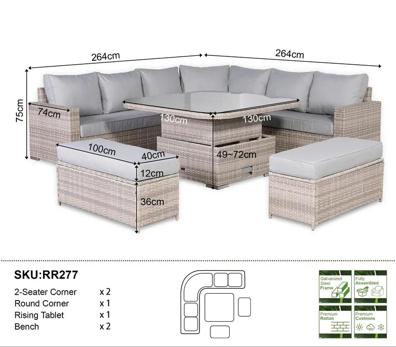 Rattan Republic Large Equal Rattan Corner Garden Dining Set with Rising Table