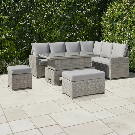 Rattan Republic Large Corner Garden Dining Set with Rising Table in Beige/Grey Right Hand