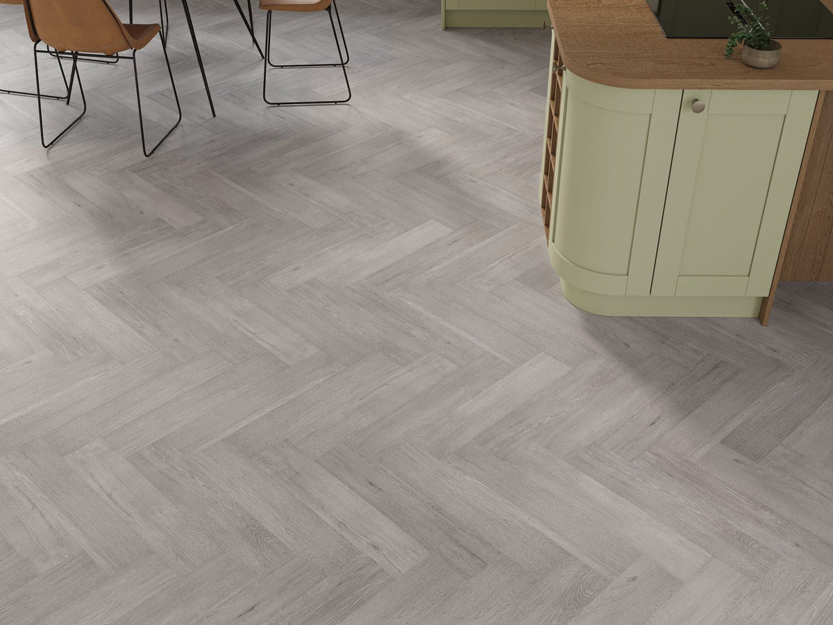 Liberty Lux Sennen Grey Oak 5mm SPC Luxury Vinyl Flooring Herringbone Built In Underlay