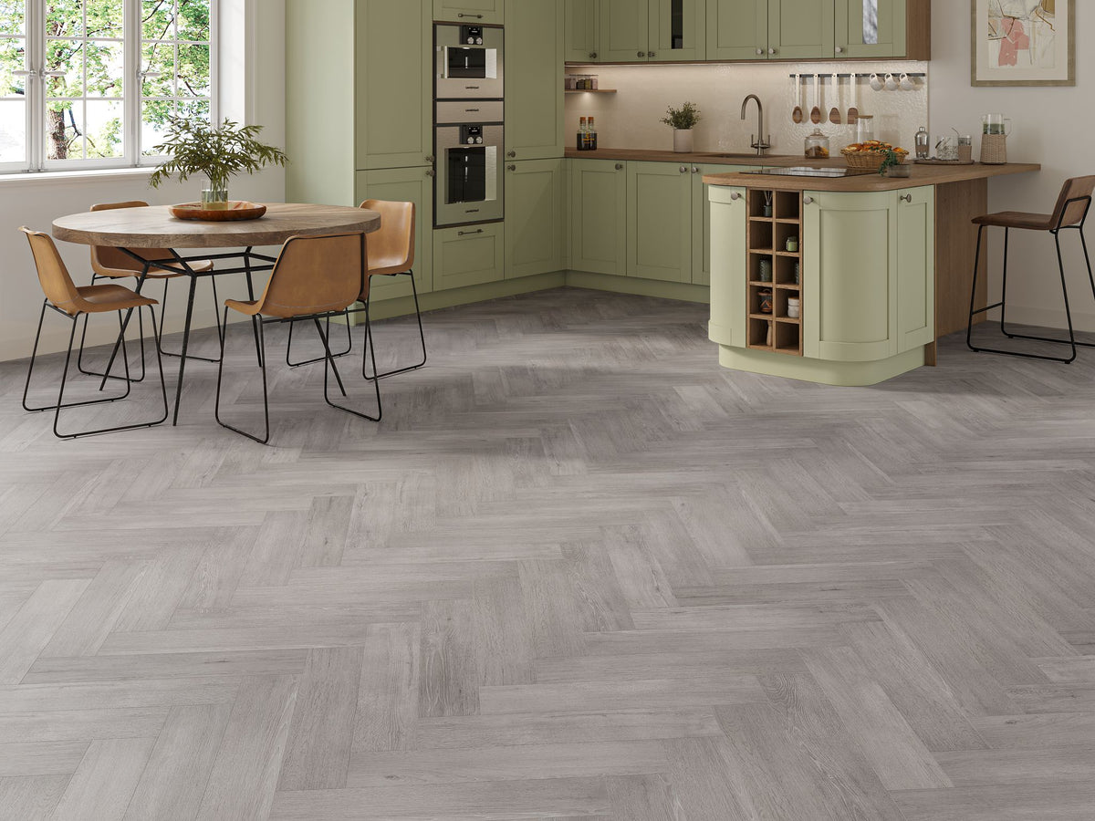 Liberty Lux Sennen Grey Oak 5mm SPC Luxury Vinyl Flooring Herringbone Built In Underlay