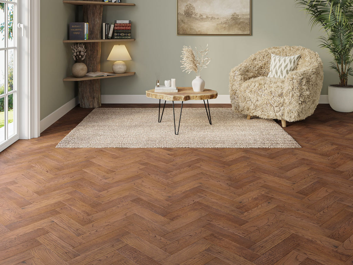 Liberty Herringbone 10 x 80mm Engineered Real Wood Flooring Windsor Dark Oak Brushed Lacquered Finish