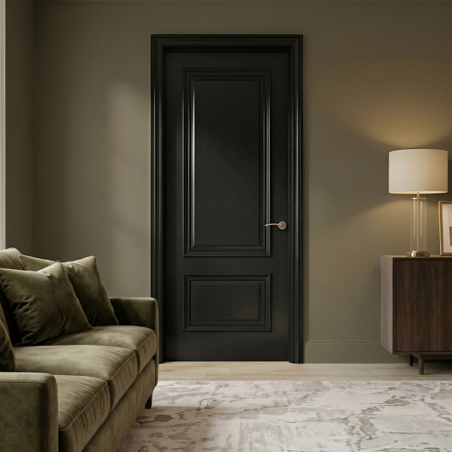 A modern black paneled interior door.