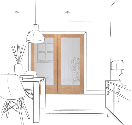 Internal Oak Suffolk Rebated Pair Of Doors With Clear Etched Glass